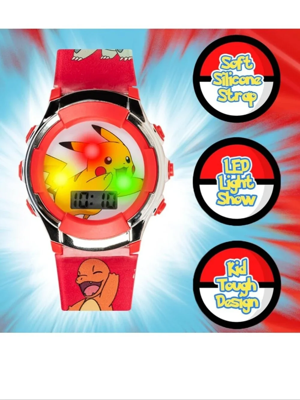 Kids Flashing LCD Watch - Red Pikachu & Bulbasaur